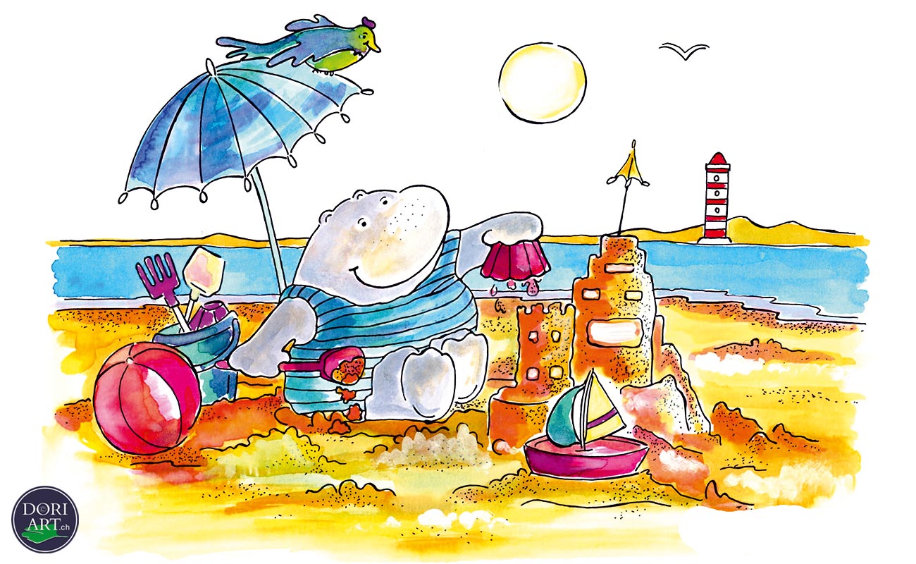 Illustration Hipo am Meer baut eine Sandburg.