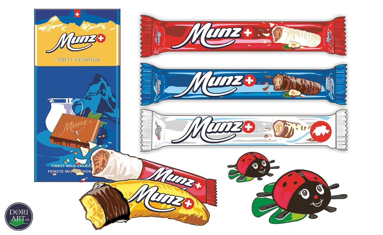 Munz Illustration. Schweizer Munzschokolade: Munz ist eine bekannte Schweizer Schokoladenmarke, die für ihre leckeren Schokoladentafeln und Pralinen bekannt ist. Sie stellt auch die berühmten «Munz Riegel» her, die mit Nougat gefüllt sind und in der Schweiz sehr beliebt sind.
