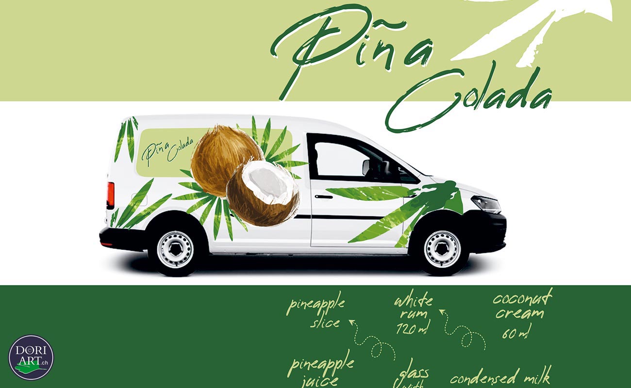Autobeschriftung Pina Colada. Fahrzeugwerbung, die auffällt und Kunden gewinnt.