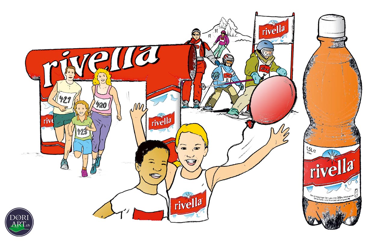 Illustration Rivella. Rivella ist besonders in der Schweiz sehr beliebt und gehört zu den bekanntesten Getränkemarken des Landes. Es hat auch in anderen Ländern in Europa eine gewisse Bekanntheit erlangt.